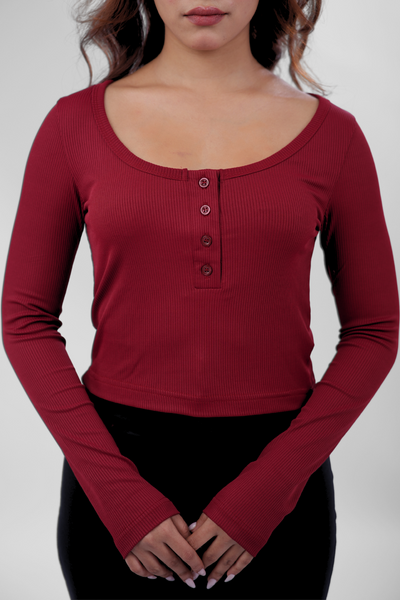 Ribelle Henley Button Up Top - Cherry Red