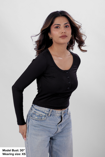 Ribelle Henley Button Up Top - Midnight Black