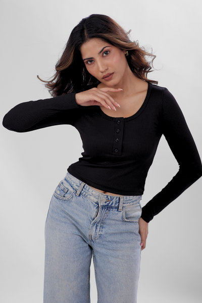 Ribelle Henley Button Up Top - Midnight Black