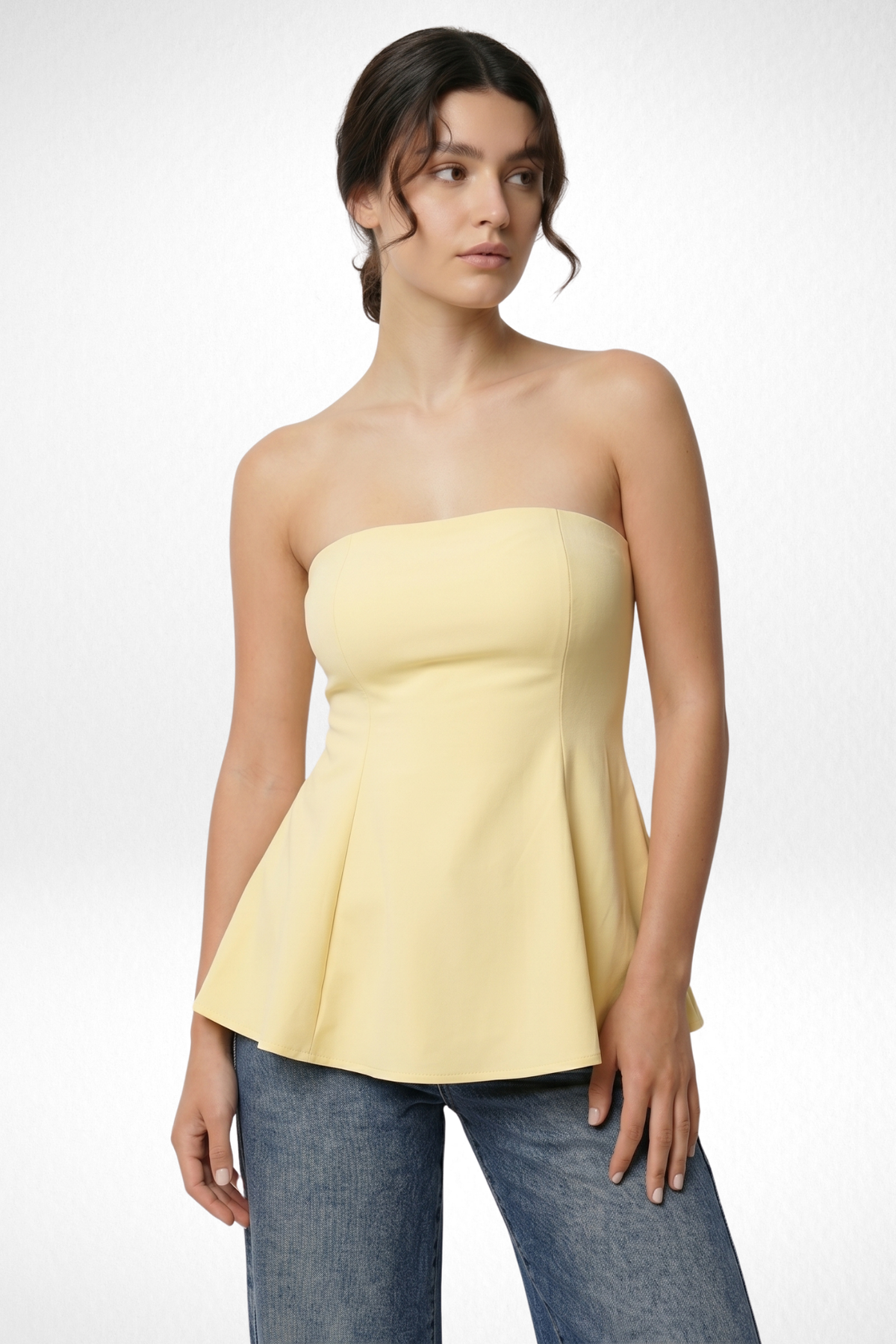 yellow strapless peplum dress Jovani 23849 Mustard Strapless Peplum Dress