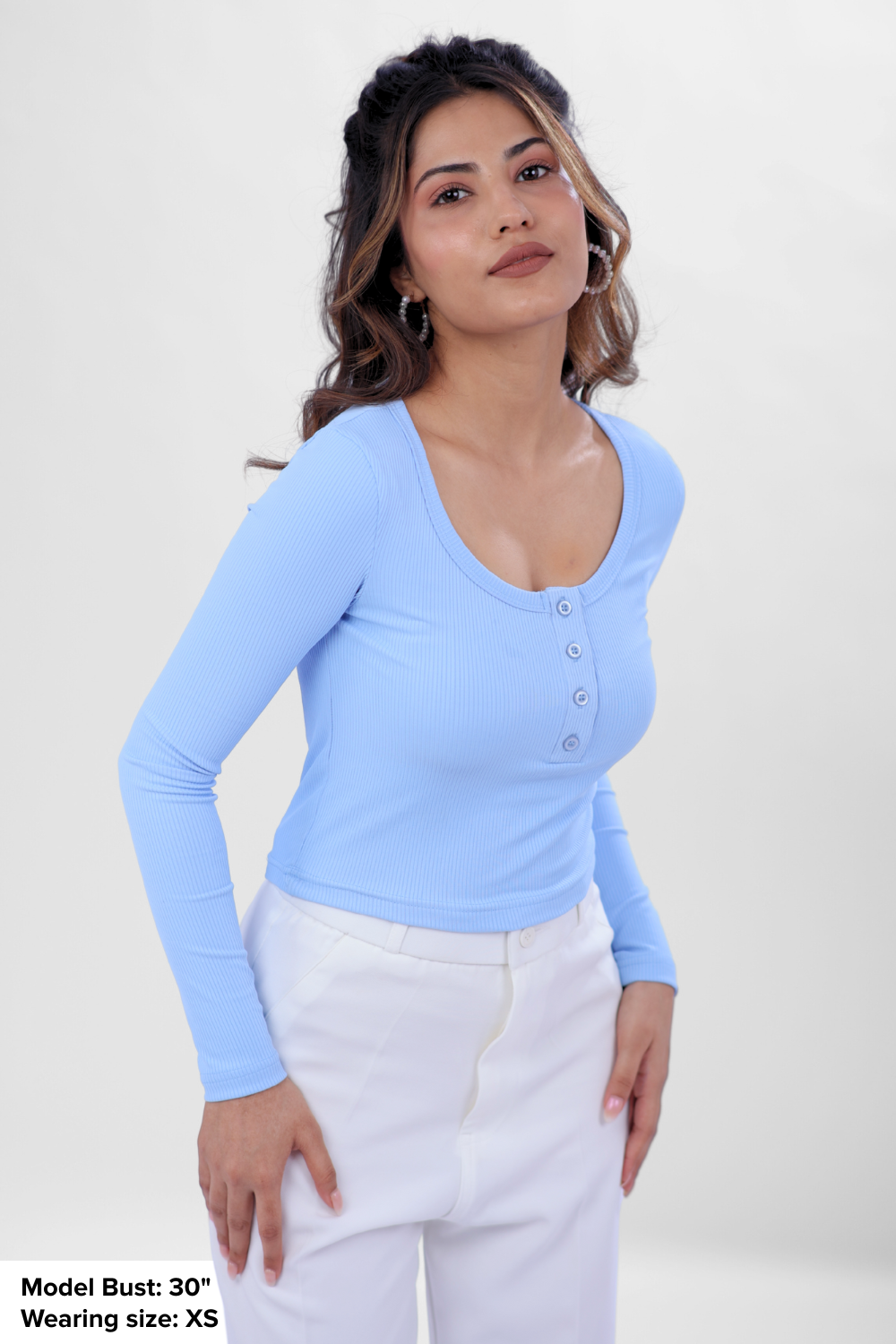 Ribelle Henley Button Up Top - Frost Blue