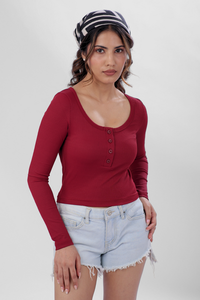 Ribelle Henley Button Up Top - Cherry Red