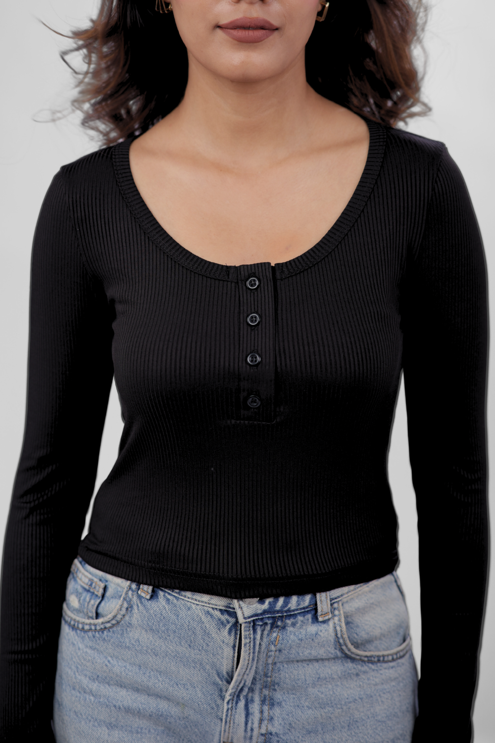 Ribelle Henley Button Up Top - Midnight Black