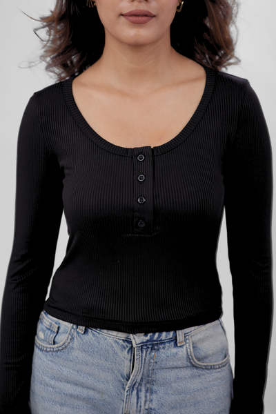 Ribelle Henley Button Up Top - Midnight Black