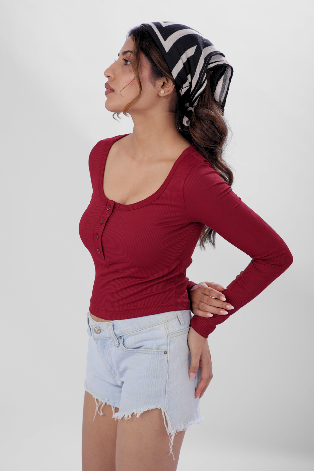 Ribelle Henley Button Up Top - Cherry Red