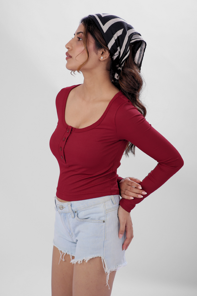 Ribelle Henley Button Up Top - Cherry Red