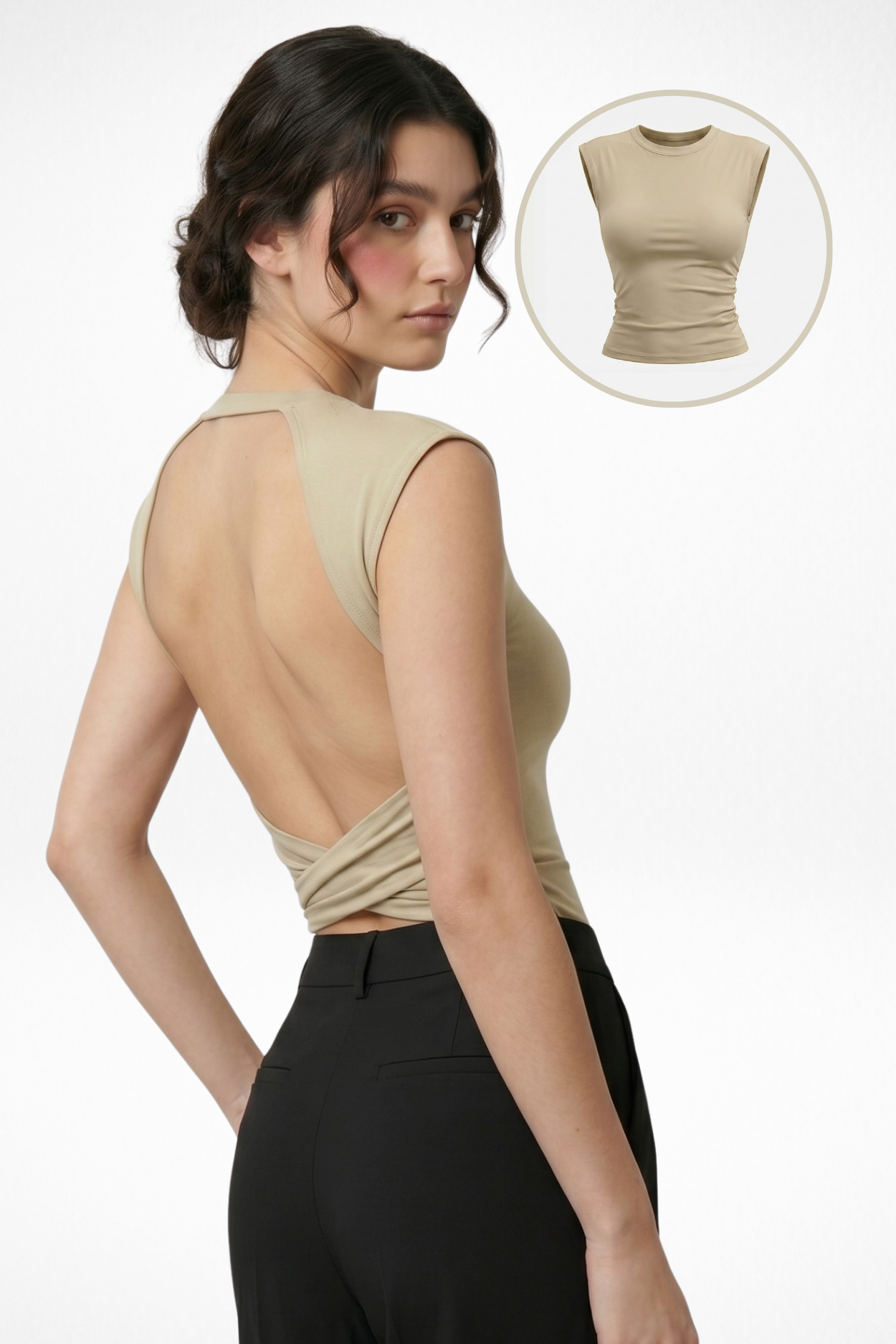 Muse Backless Inbuilt Bra Top - Khaki