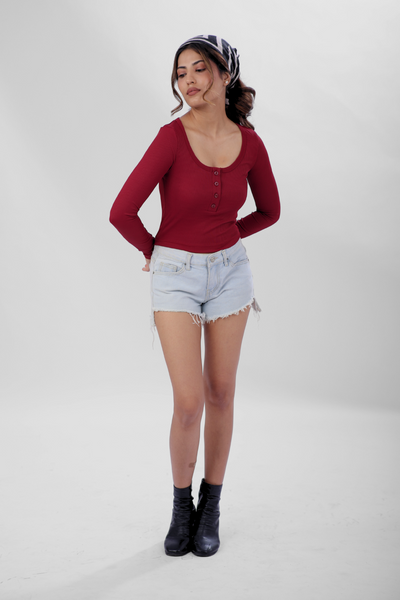 Ribelle Henley Button Up Top - Cherry Red