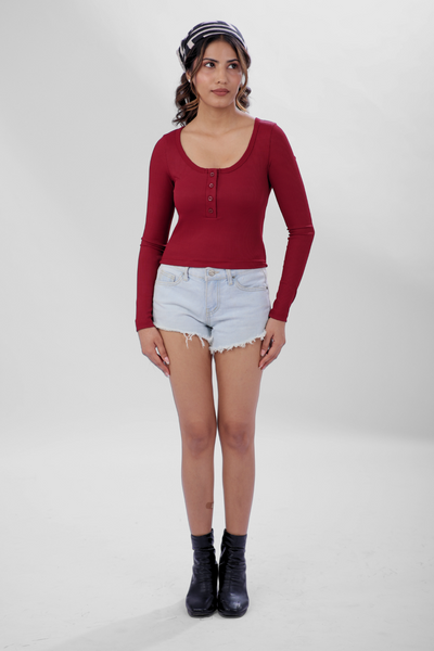 Ribelle Henley Button Up Top - Cherry Red