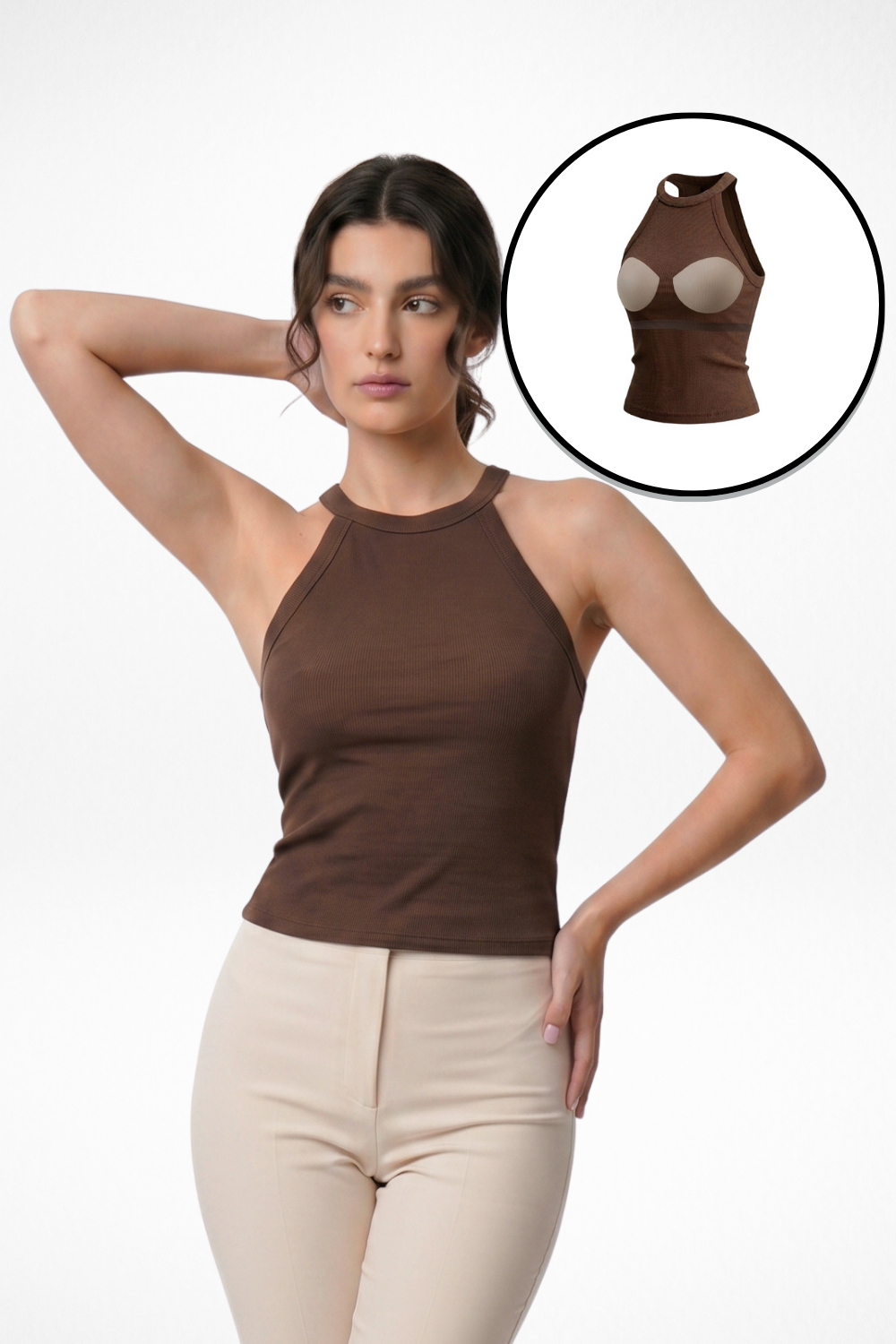 Hazel Halter Neck Inbuilt Bra Top - Coco Brown