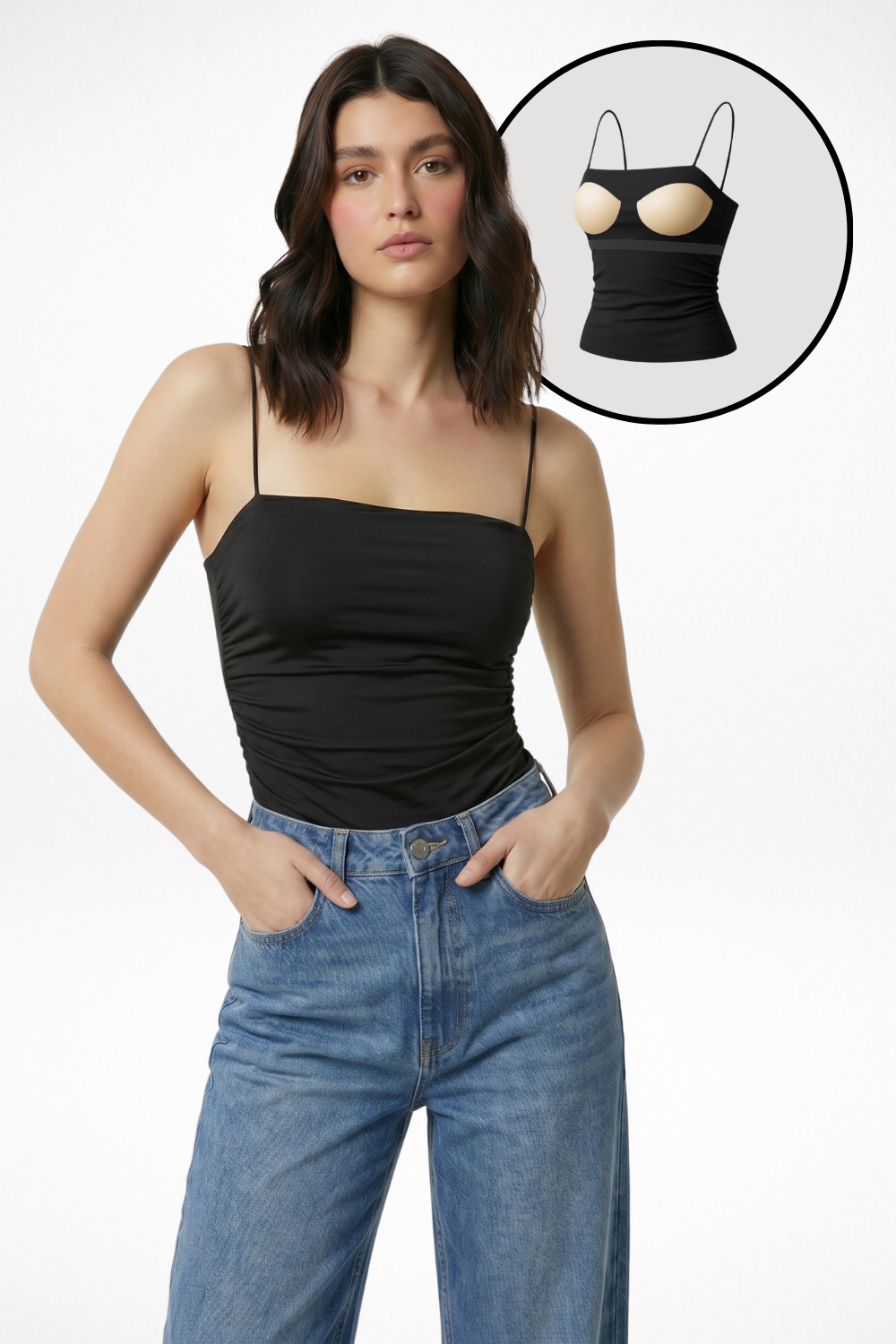 Jade Noodle Strap Inbuilt Bra Top - Black