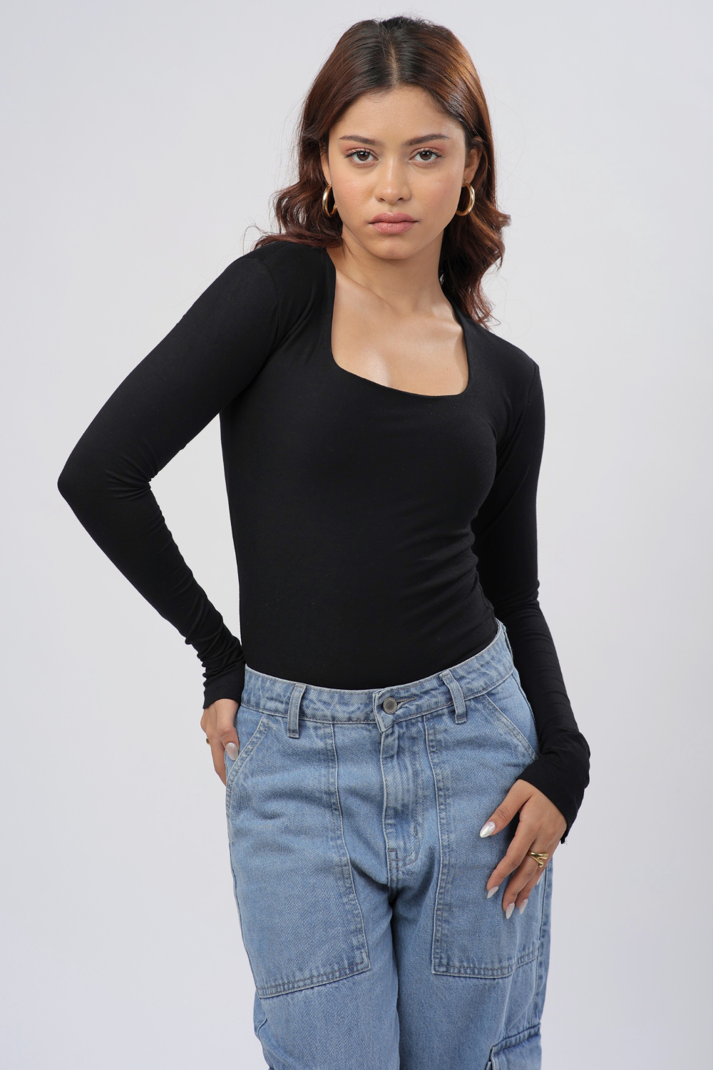 Cozee Square Neck Full Sleeves Top- Black