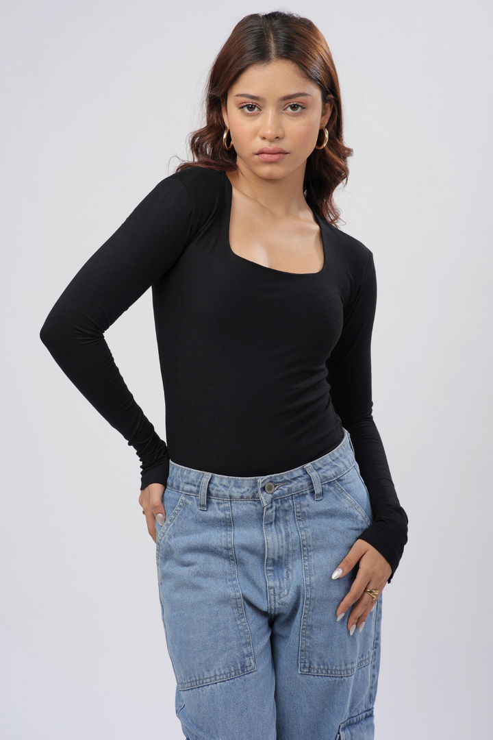 Cozee Square Neck Full Sleeves Top- Black – Cheesewalk