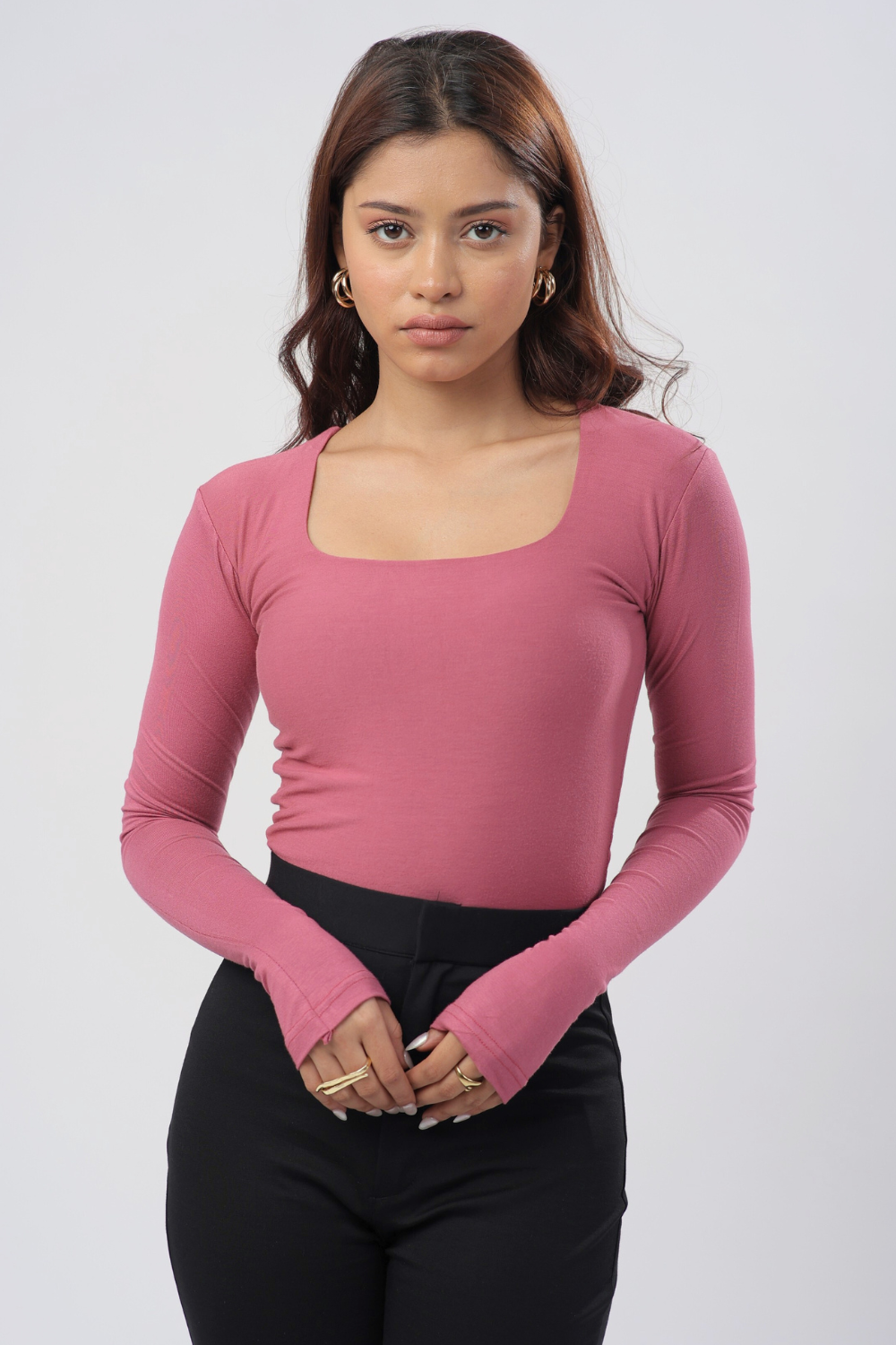 Cozee Square Neck Full Sleeves Top - Dusty Pink