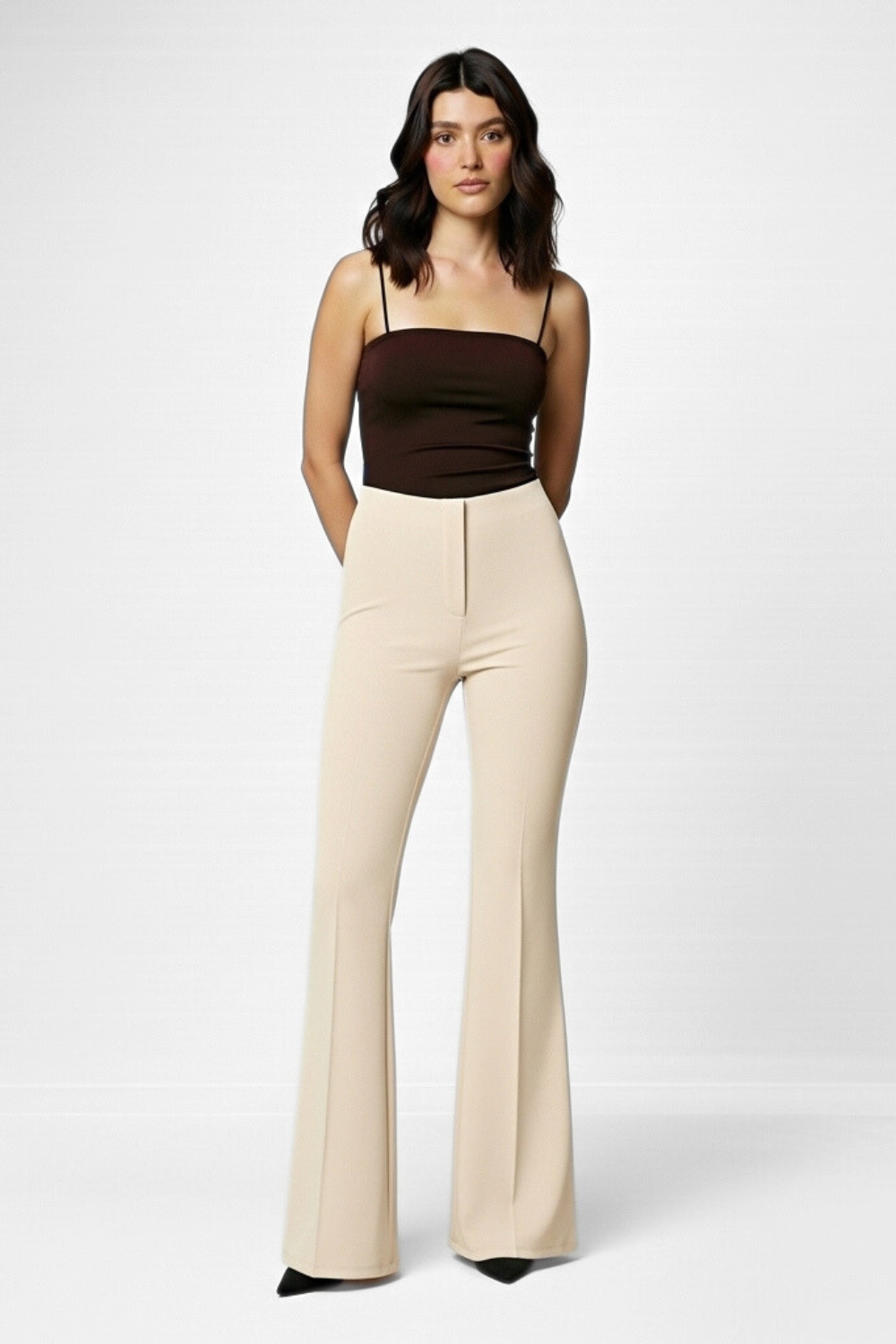 Ivy Sculpted High Waist Bootcut Trousers - ButterCream Beige