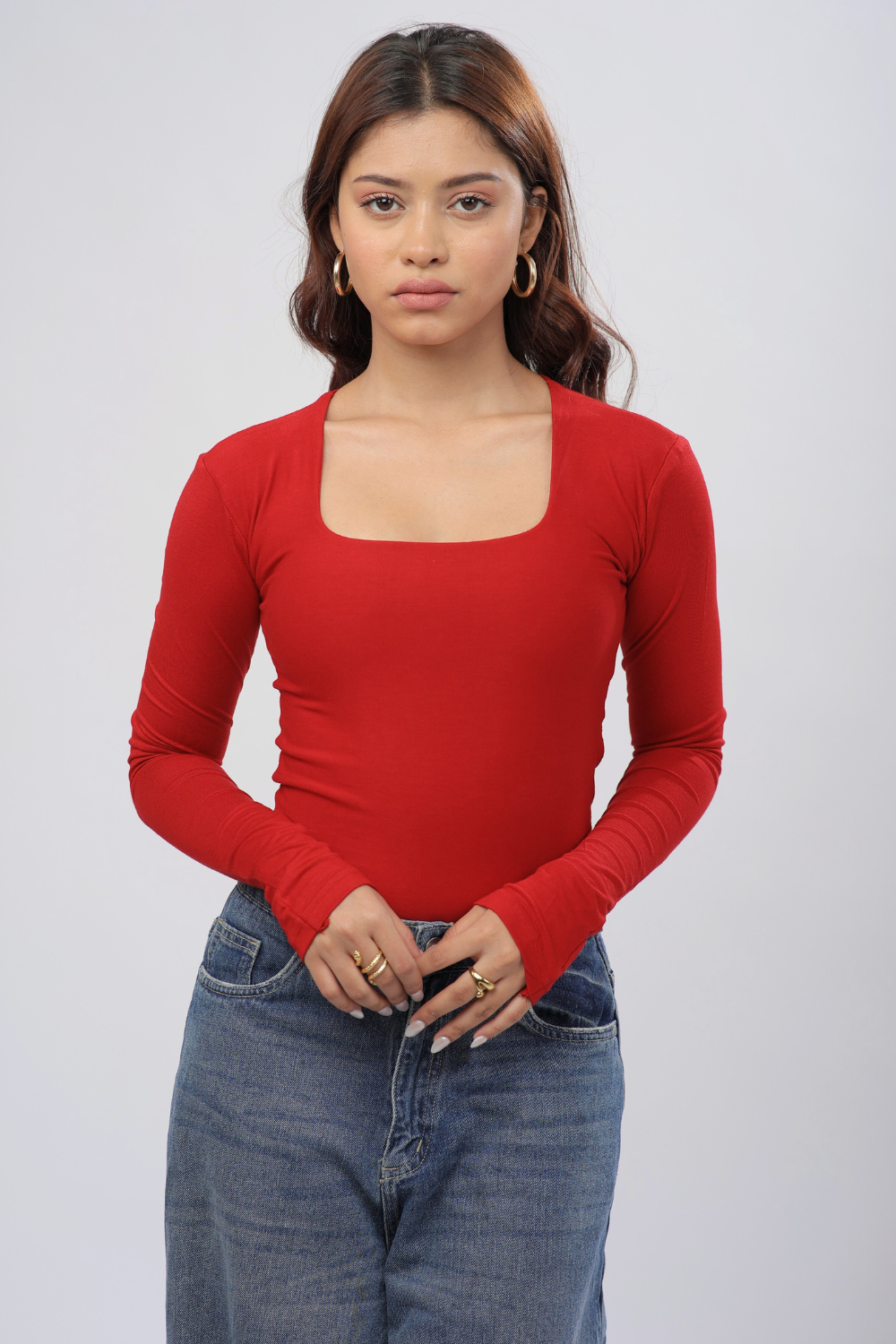 Cozee Square Neck Full Sleeves Top - Ruby Red