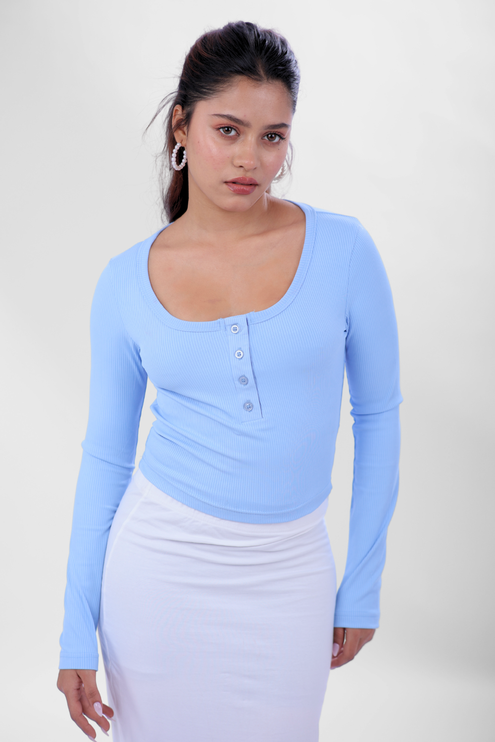 Ribelle Henley Button Up Top - Frost Blue