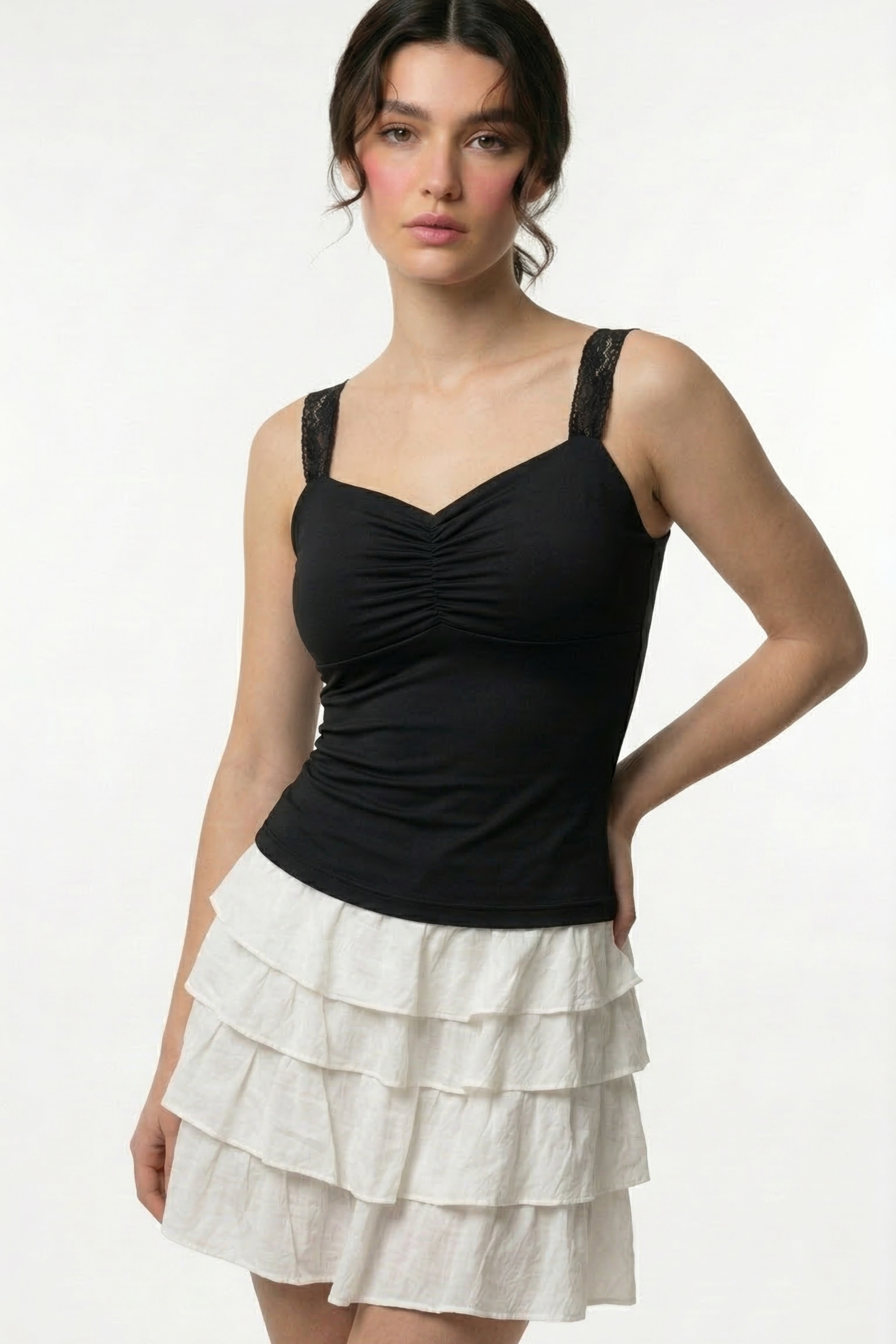 Lucy Lace Sweetheart Ruched Top- Black