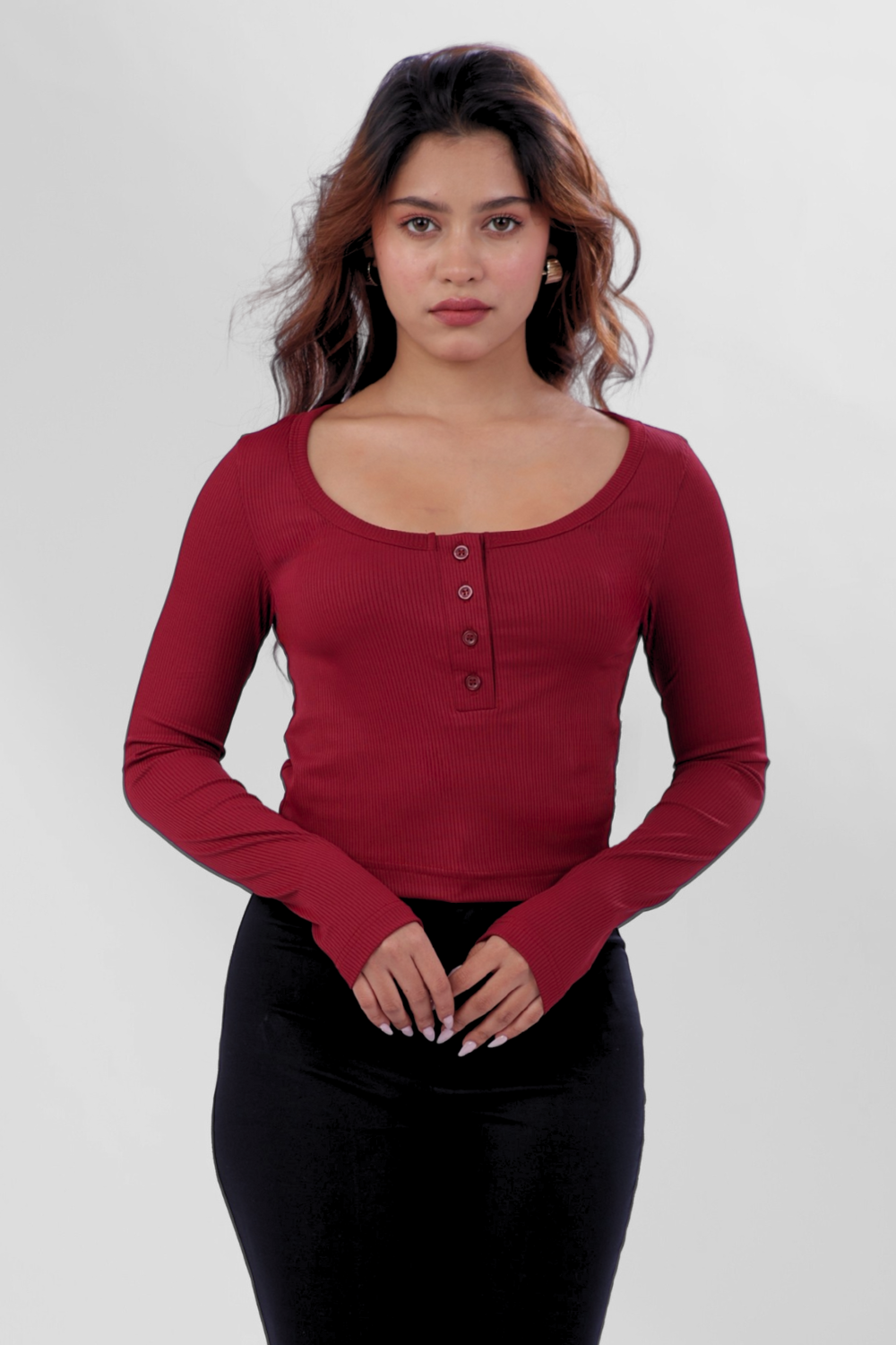 Ribelle Henley Button Up Top - Cherry Red