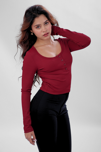 Ribelle Henley Button Up Top - Cherry Red