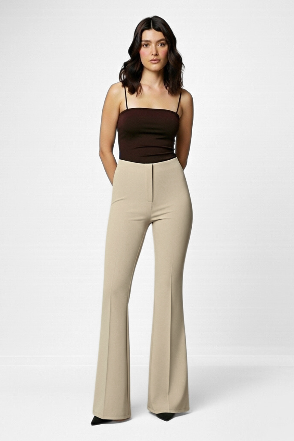 Ivy Sculpted High Waist Bootcut Trousers - ButterCream Beige