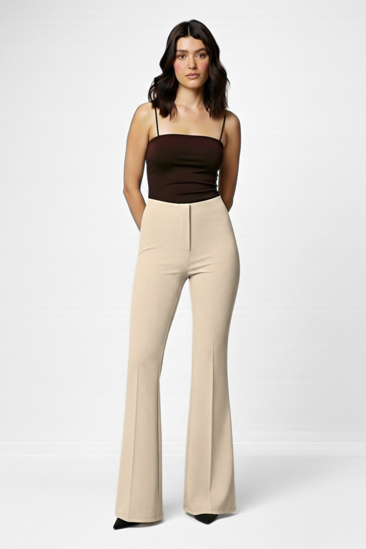 Ivy Sculpted High Waist Bootcut Trousers - ButterCream Beige