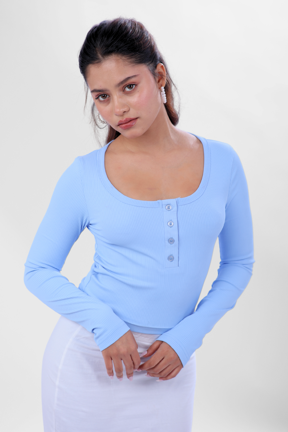 Ribelle Henley Button Up Top - Frost Blue