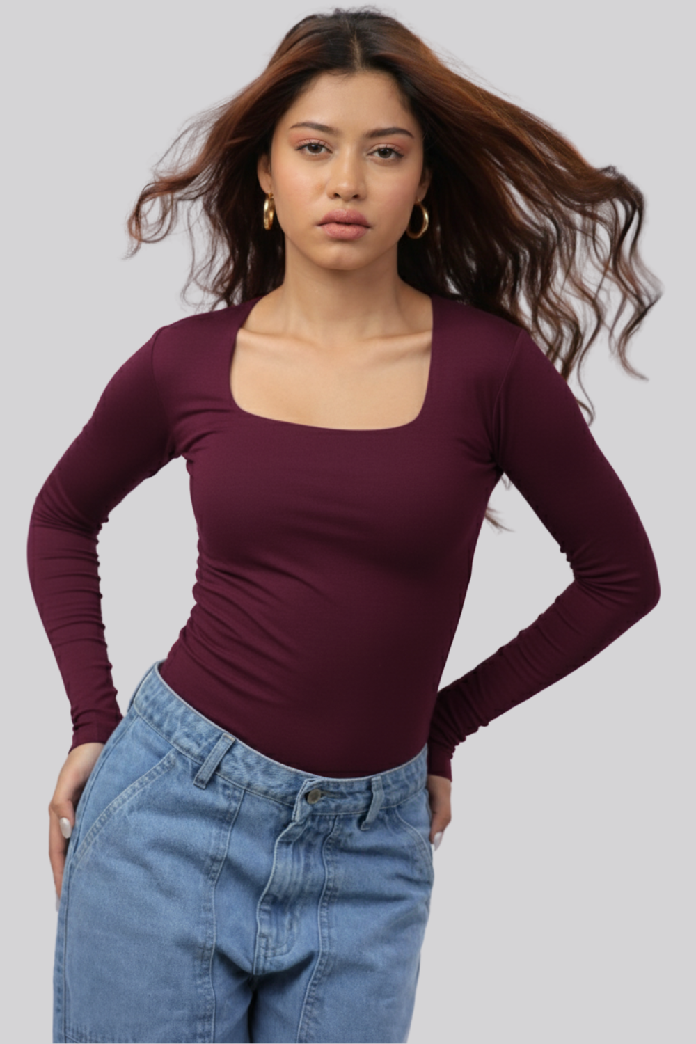 Cozee Square Neck Full Sleeves Top - Wine