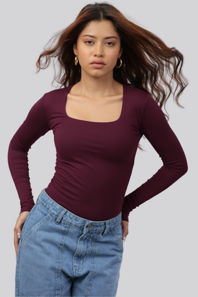 Cozee Square Neck Full Sleeves Top - Wine