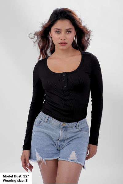 Ribelle Henley Button Up Top - Midnight Black
