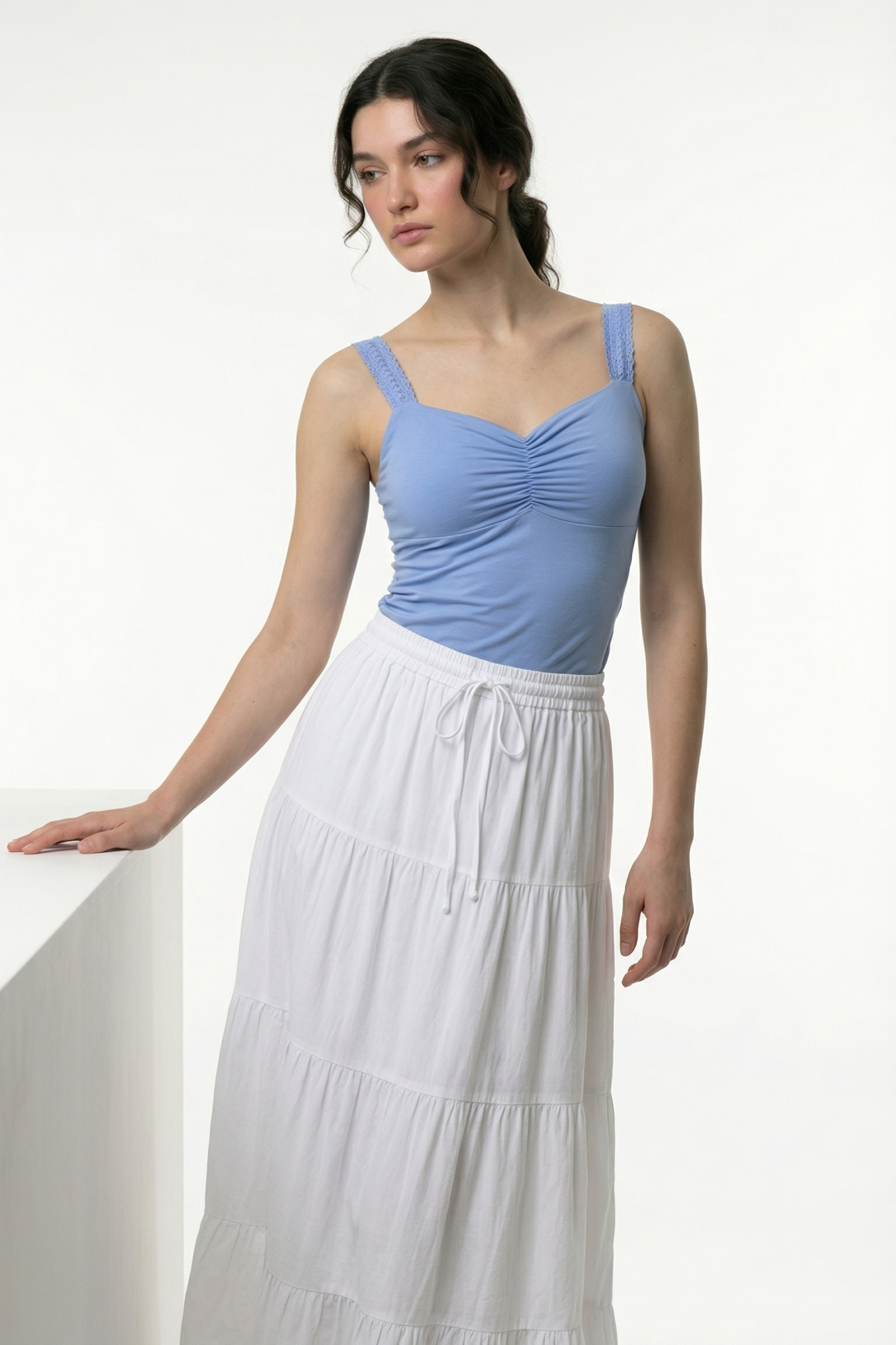 Lucy Lace Sweetheart Ruched Top- Sky Blue