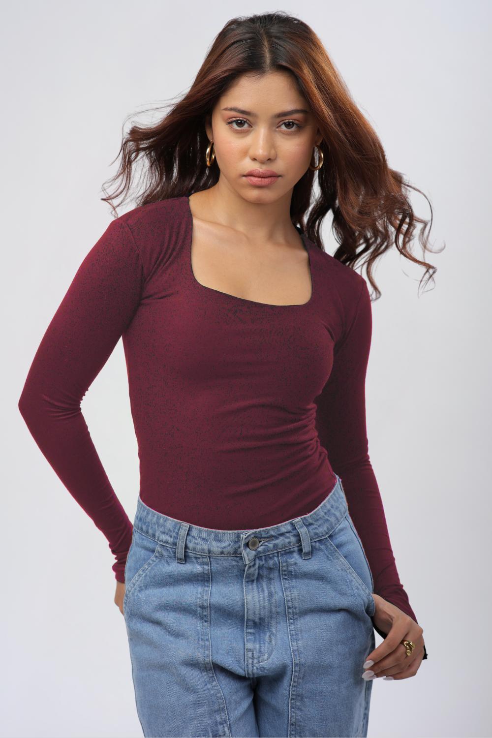 Cozee Square Neck Full Sleeves Top - Wine