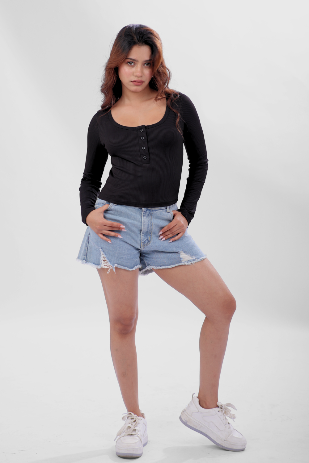 Ribelle Henley Button Up Top - Midnight Black