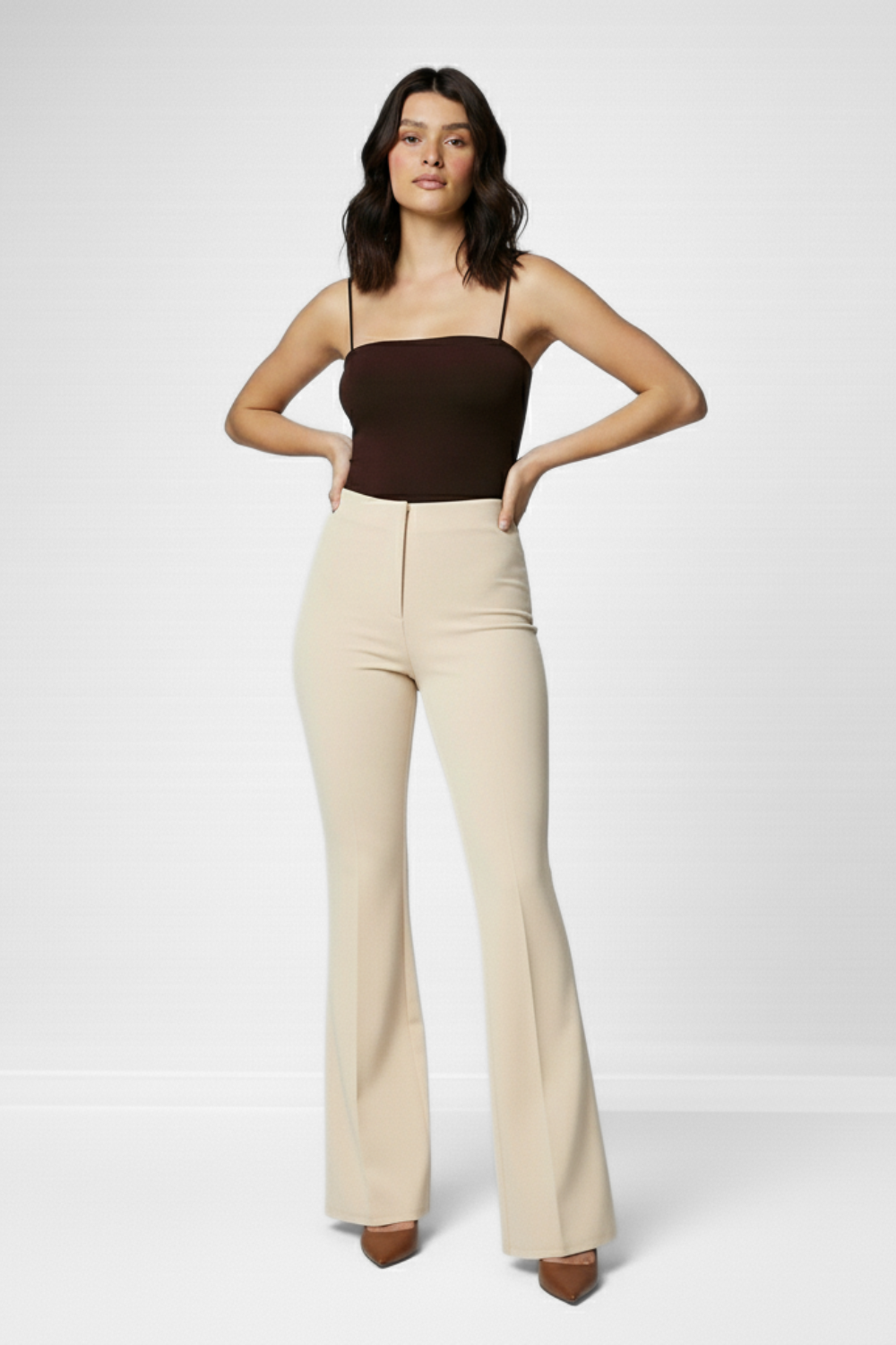 Ivy Sculpted High Waist Bootcut Trousers - ButterCream Beige