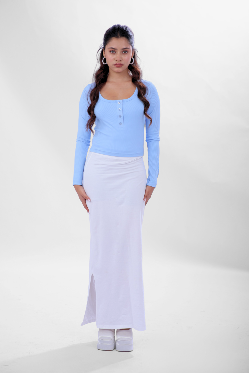 Ribelle Henley Button Up Top - Frost Blue