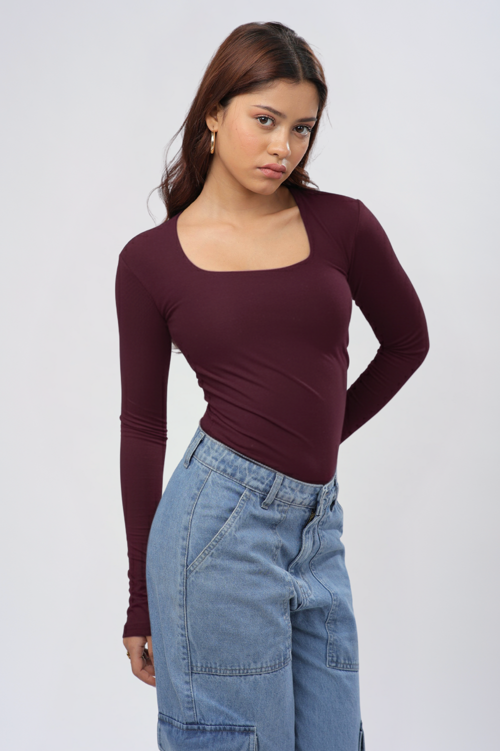 Cozee Square Neck Full Sleeves Top - Wine
