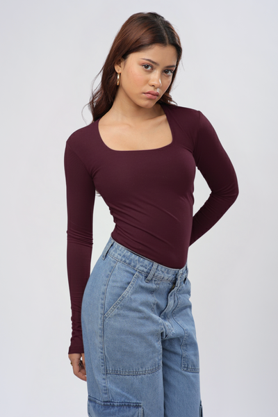 Cozee Square Neck Full Sleeves Top - Wine