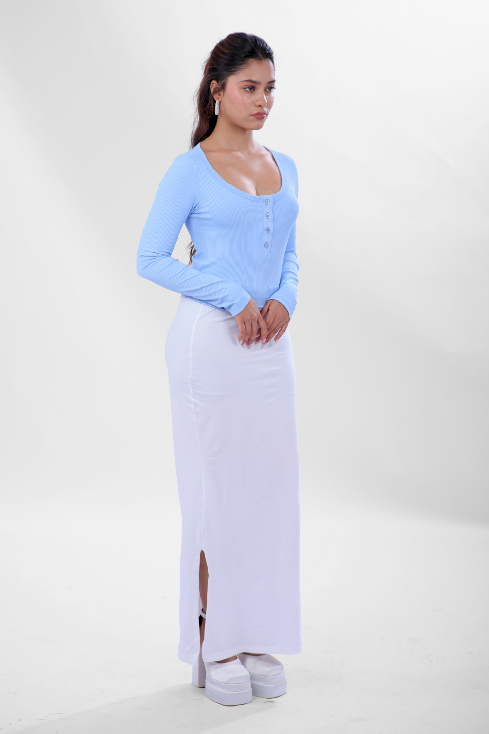 Ribelle Henley Button Up Top - Frost Blue
