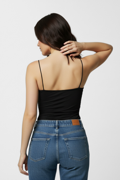 Jade Noodle Strap Inbuilt Bra Top - Black