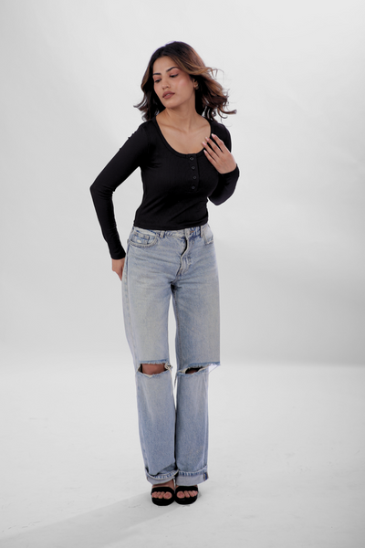 Ribelle Henley Button Up Top - Midnight Black