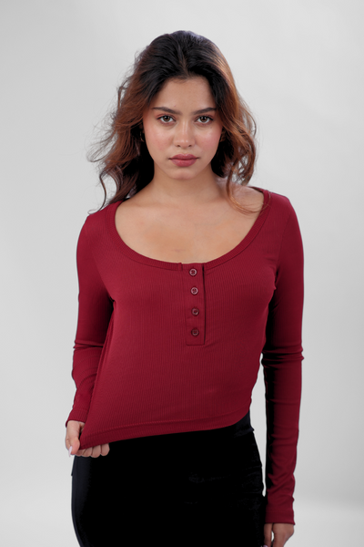 Ribelle Henley Button Up Top - Cherry Red