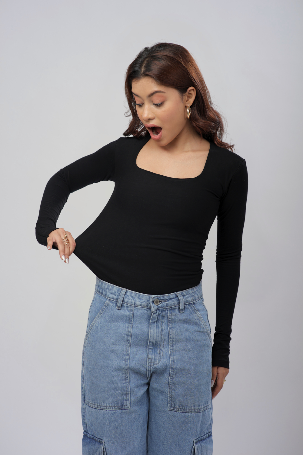 Cozee Square Neck Full Sleeves Top- Black