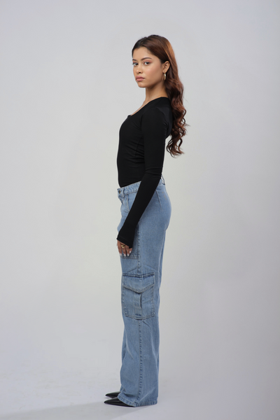Cozee Square Neck Full Sleeves Top- Black