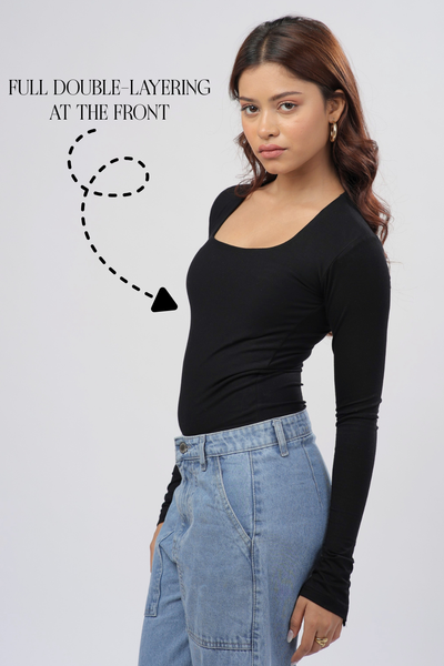 Cozee Square Neck Full Sleeves Top- Black