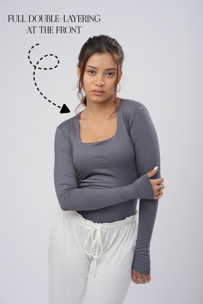 Cozee Square Neck Full Sleeves Top- Stone Grey