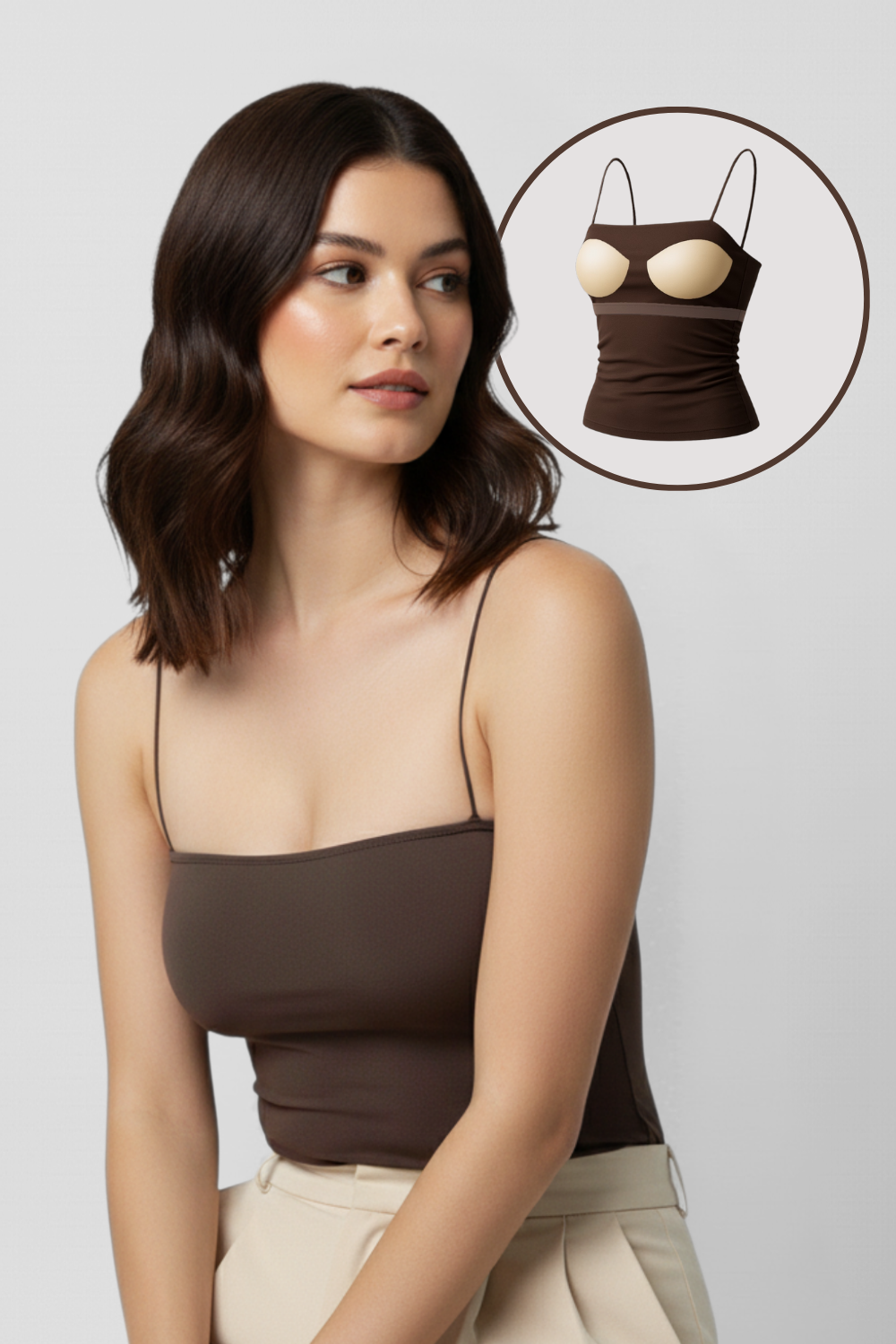 Jade Noodle Strap Inbuilt Bra Top - Muted Brown