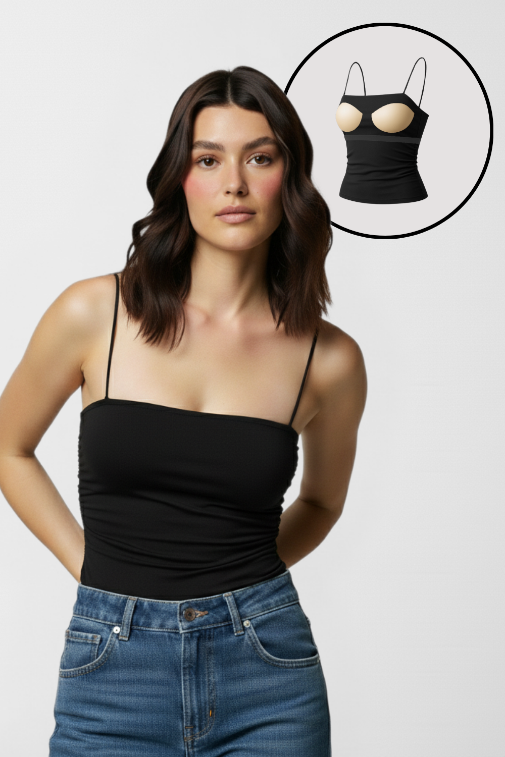 Jade Noodle Strap Inbuilt Bra Top - Black
