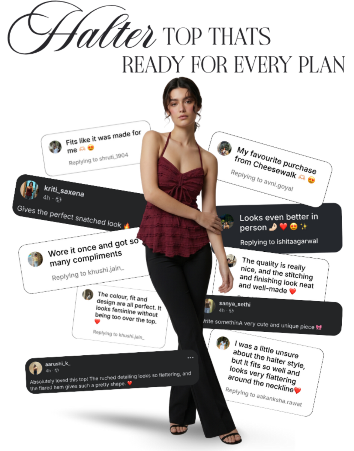 A woman modeling a burgundy halter top with black wide-leg pants, posed against a white background with multiple social media-style comment bubbles surrounding her. The text at the top reads 'halter TOP THATS READY FOR EVERY PLAN'.