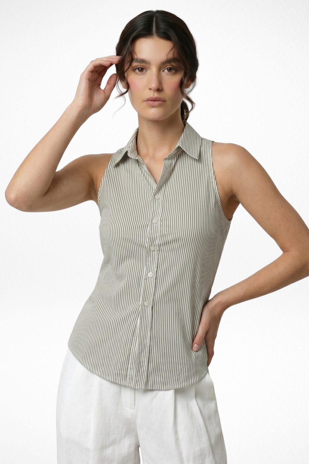 Kyrah Halter Tie Back Stripes Shirt- Olive