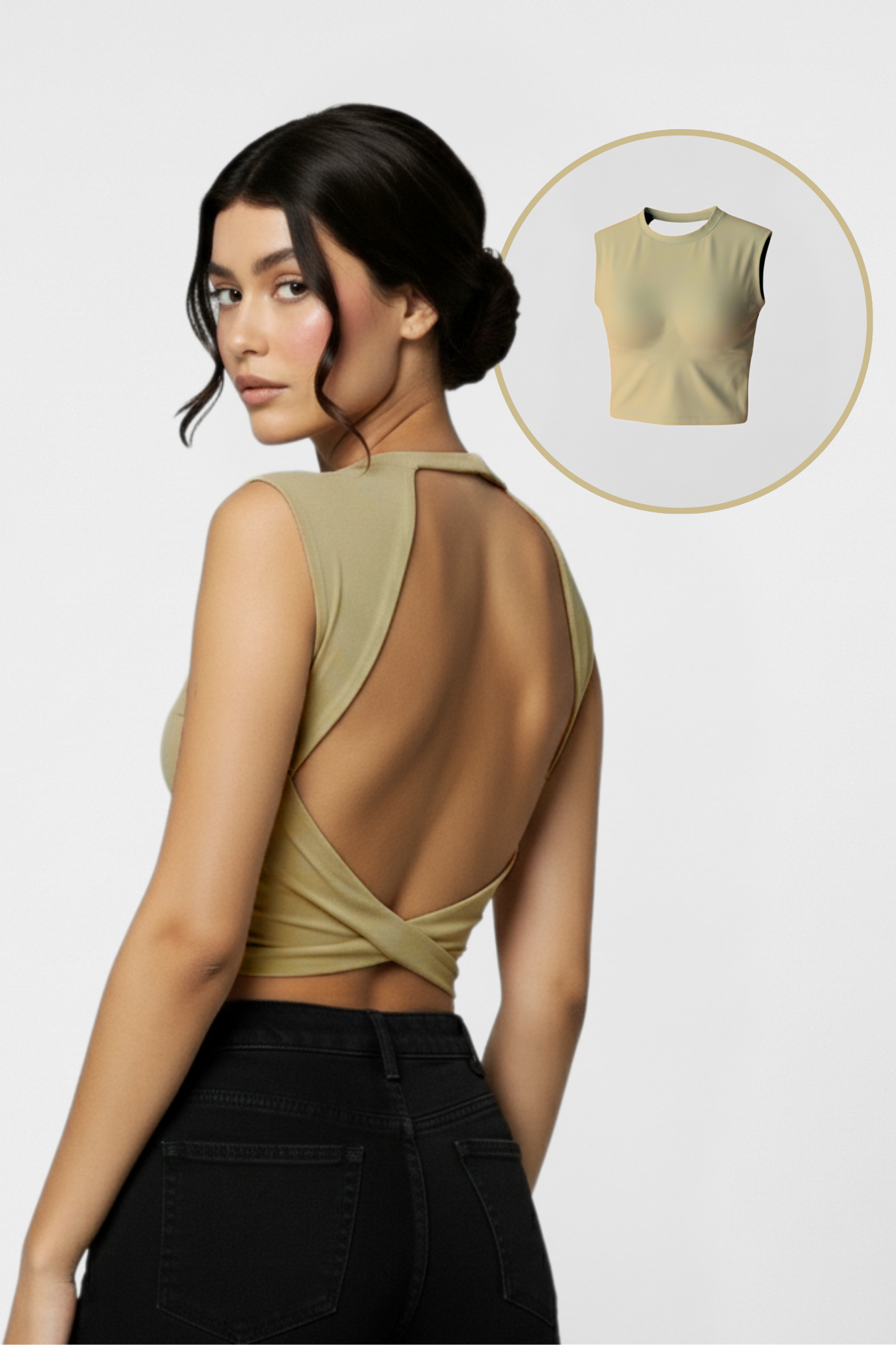Muse Backless Inbuilt Bra Top - Khaki